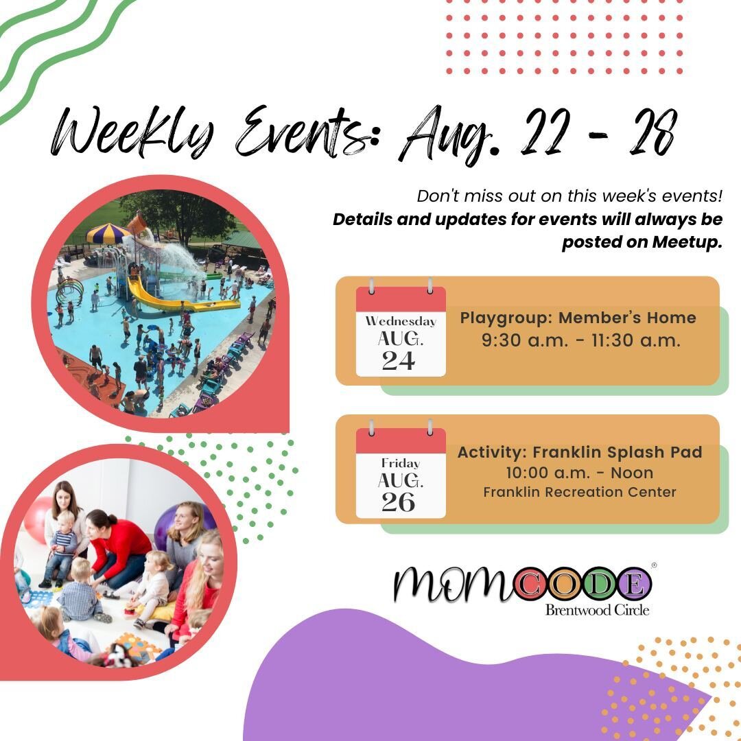 We've got another great week of @momcodebrentwood events headed your way!

Wednesday, August 24: Playgroup at a member's home 🏡🧸
Friday, August 26: Splash Pad at the @willcoparksandrec Franklin Recreation Complex 💦⛱

Visit @meetup for details and 