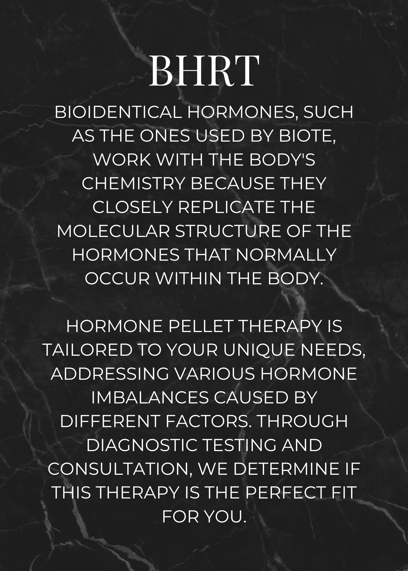 Text on bioidentical hormone replacement therapy (BHRT) and its benefits, mentioning its alignment with body chemistry and the use of hormone pellet therapy tailored to individual needs.