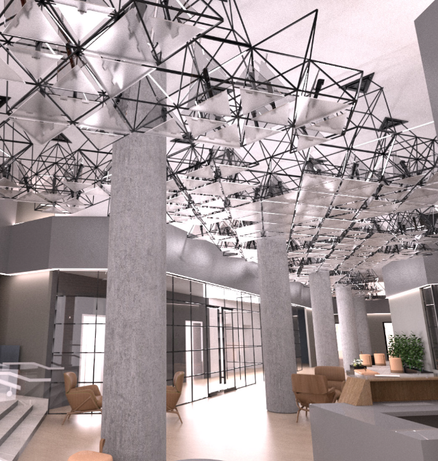 Rendering of ceiling mounted kinetic sculpture.