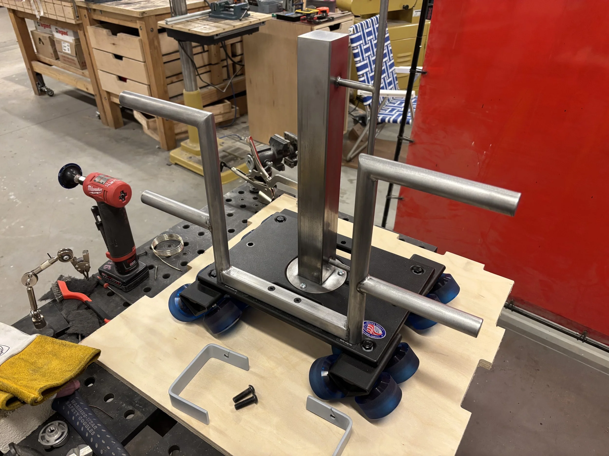 Steel dolly handle and phone mount. TIG welded and brazed.