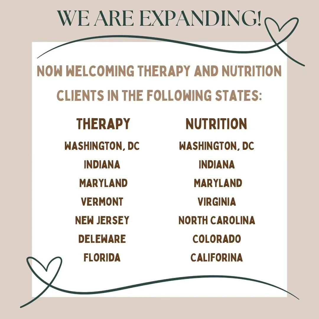 We are thrilled to announce our expansion beyond the DMV area to offer accessible and effective eating disorder treatment to individuals across the United States. If you see your state listed and would like to learn more, please reach out to us or vi