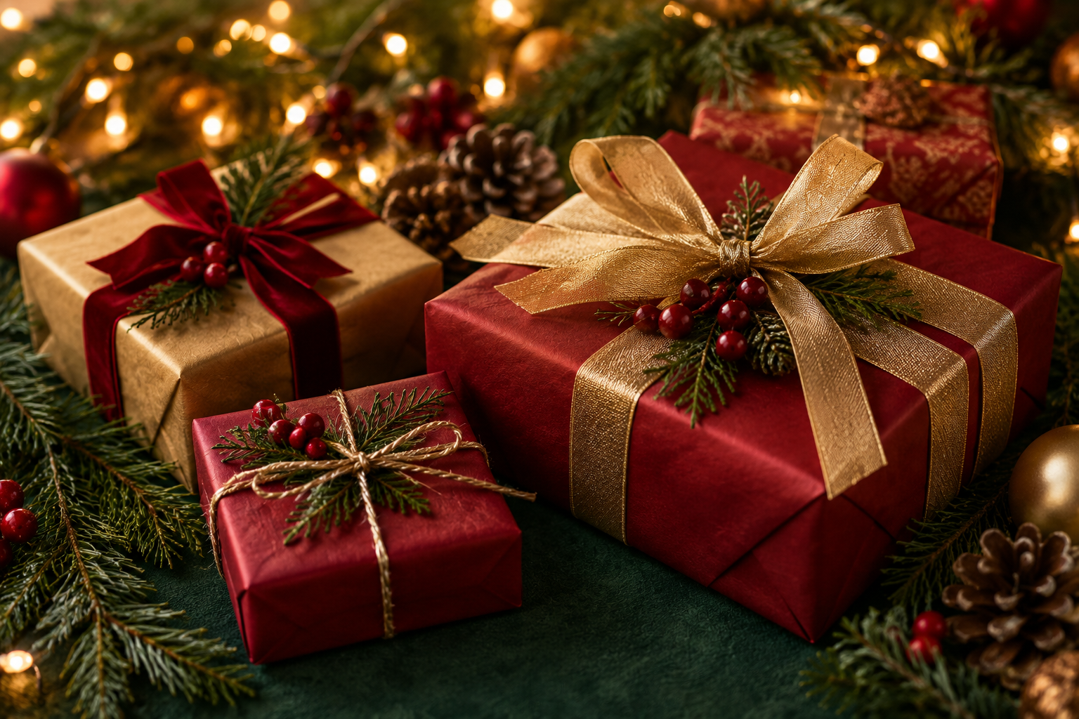 Holiday gifts wrapped in red and gold with pine branches