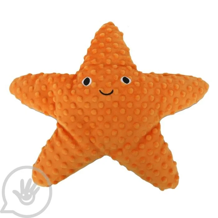 Orange starfish plush toy with a smiling face and googly eyes.