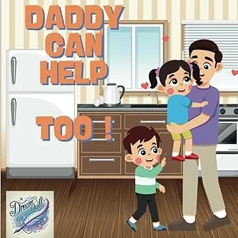 A father hugging his daughter and son in a kitchen, with the text 'Daddy can help toe!' and a Dreamstime watermark.