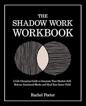 Cover of a book titled "The Shadow Work Workbook" by Rachel Porter, featuring a black background with a design of overlapping shaded circles.