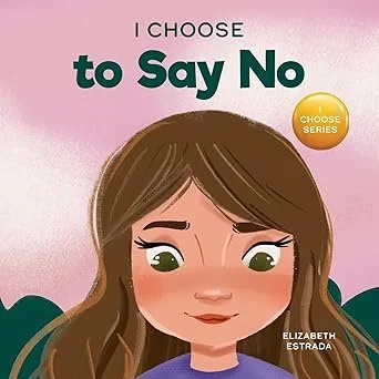 Illustration of a girl with brown hair and a concerned expression, with text that reads "I choose to say no" against a pink background.