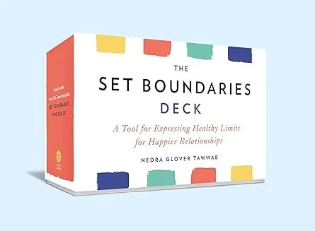 A book titled 'The Set Boundaries Deck' with colorful sticky notes on the cover, designed as a tool for expressing healthy limits for happier relationships.
