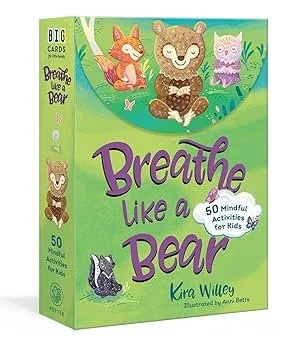 A children's book titled 'Breathe Like a Bear' featuring colorful illustrations of a fox, bear, and owl on the cover, promoting mindful activities for kids.