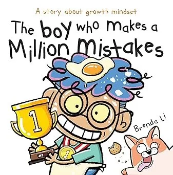 Cover illustration of a children's book titled 'The Boy Who Makes a Million Mistakes' by Brenda Liu, featuring a happy boy holding a trophy and a smiling cat.
