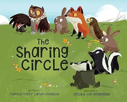 Illustration of various animals sitting in a circle outdoors with the text 'The Sharing Circle' written in the middle.