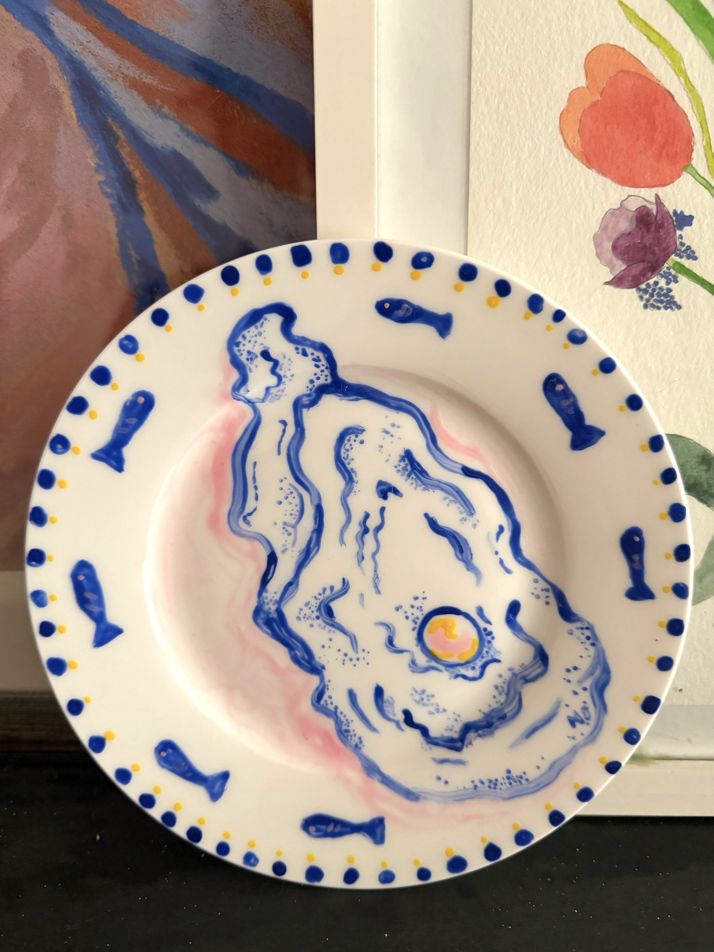 Summer Oyster, Porcelain Paint on Plate