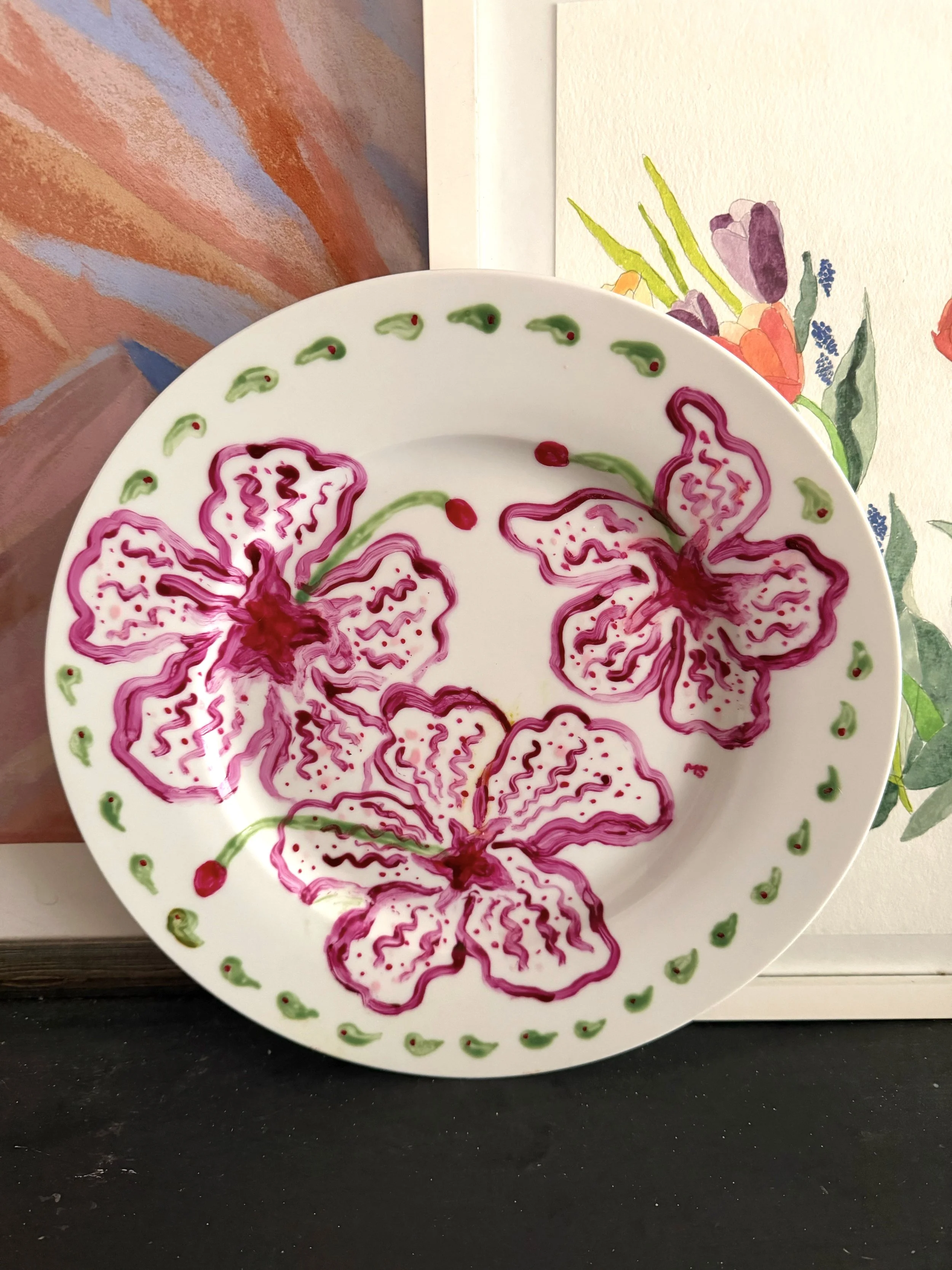 Hibiscus, Porcelain Paint on Plate