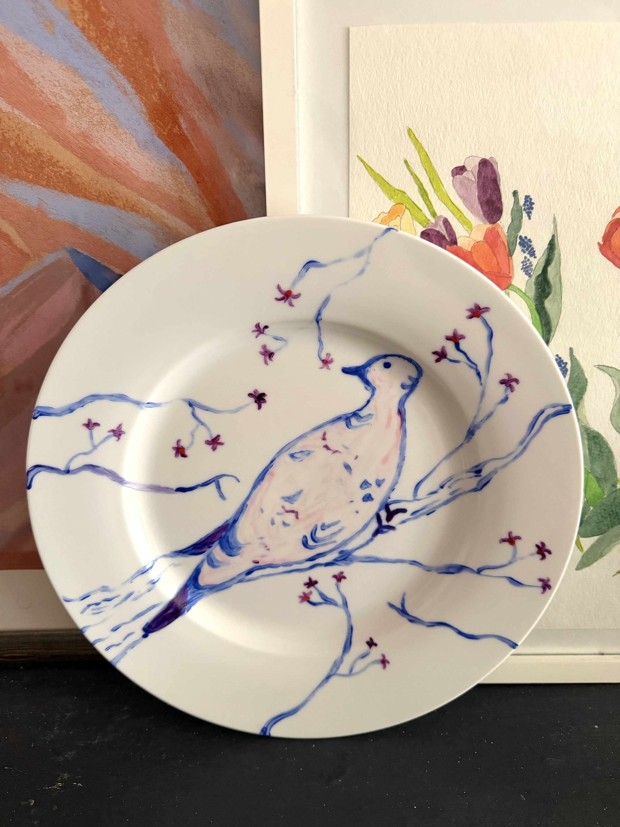 Mourning Dove, Porcelain Paint on Plate