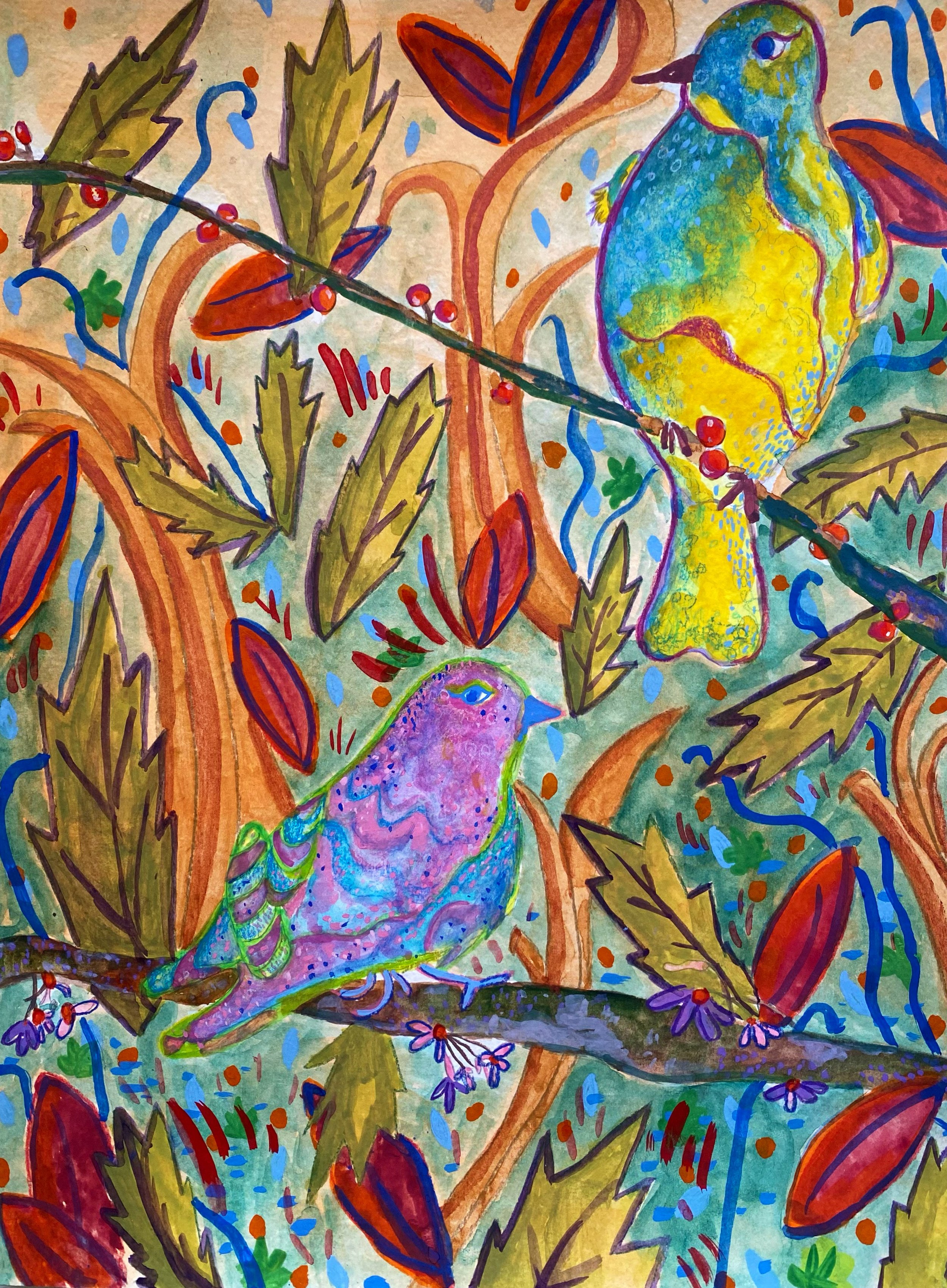 Birds at Sunrise, Watercolor