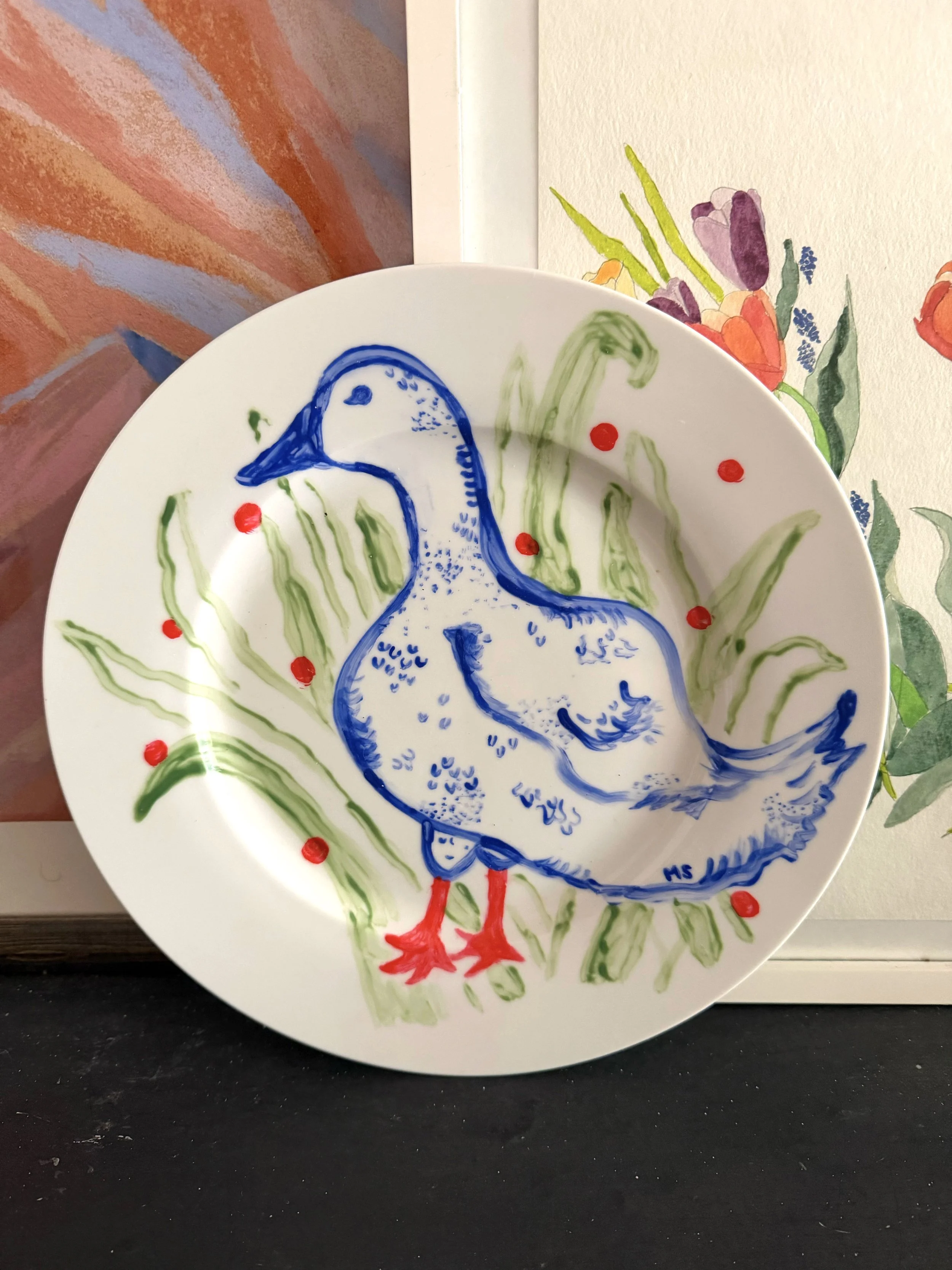 Springtime Duck, Porcelain Paint on Plate