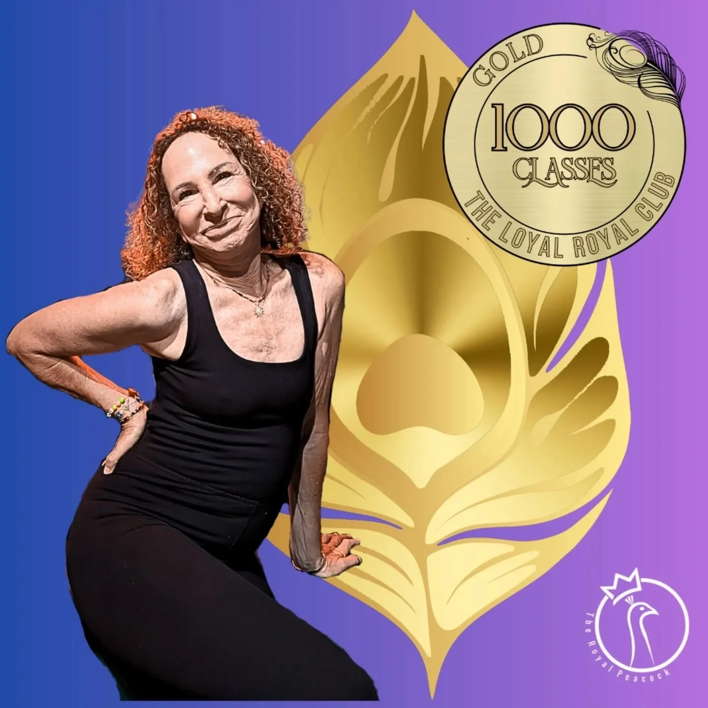 A huge special celebration &amp; shout-out to our first ever GOLD Loyal Royal Club member, Jo Ellen Shomer, with 1000 classes &amp; climbing! 

Jo Jo, as she is affectionately known, says that The Royal Peacock Studio is a "one of a kind studio,