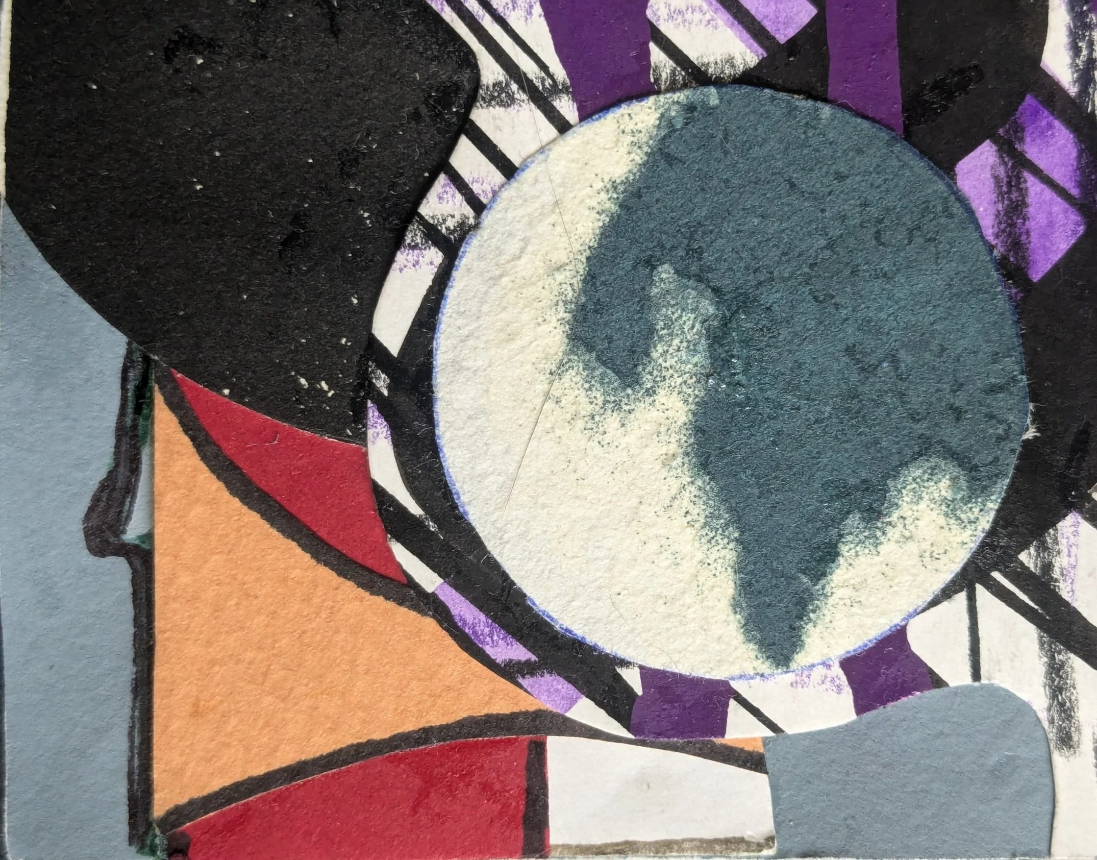 Close-up view of a collage featuring geometric shapes, bold colors including black, red, orange, purple, and blue, with textured spray paint details.