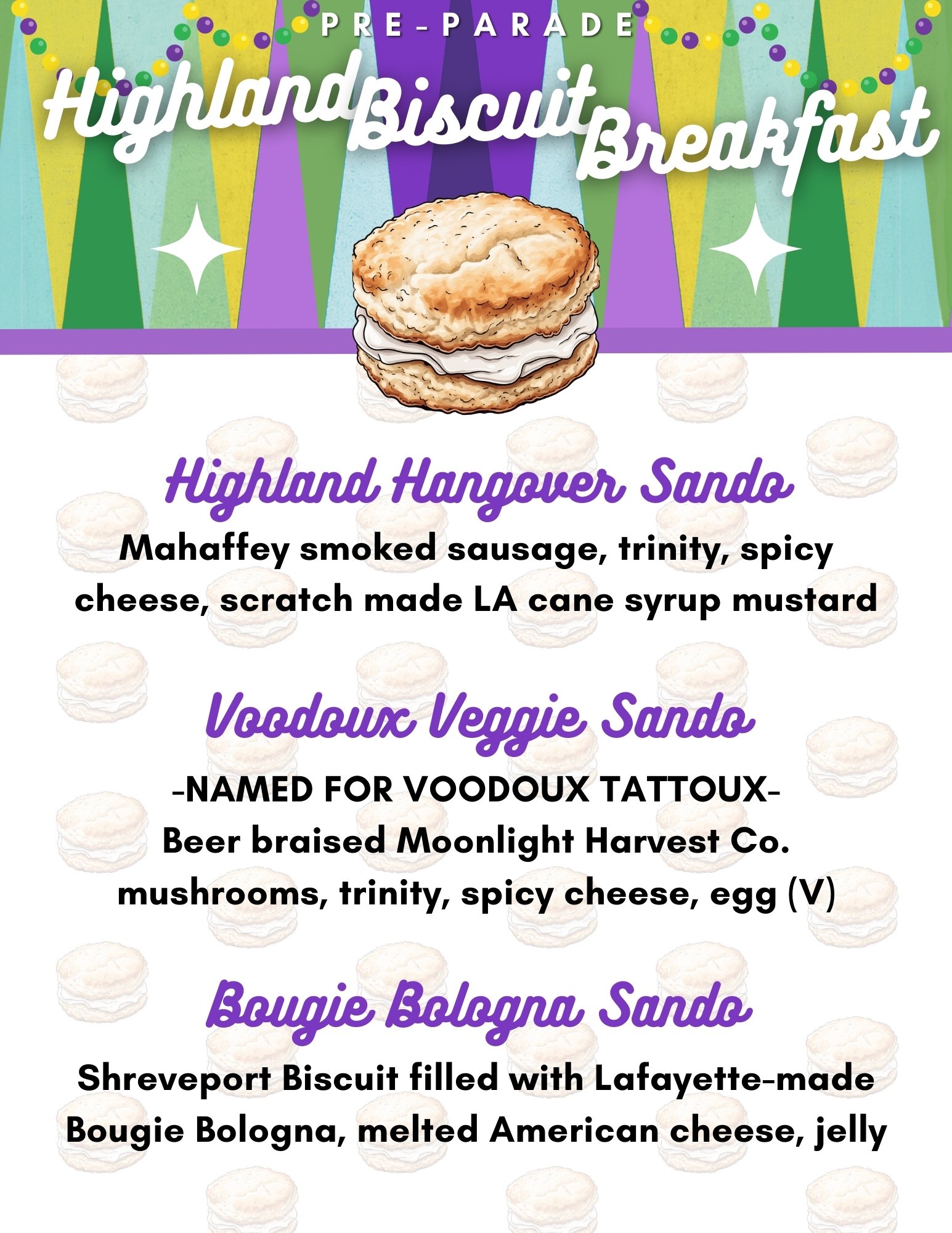 Event menu for Shreveport Biscuit Company
