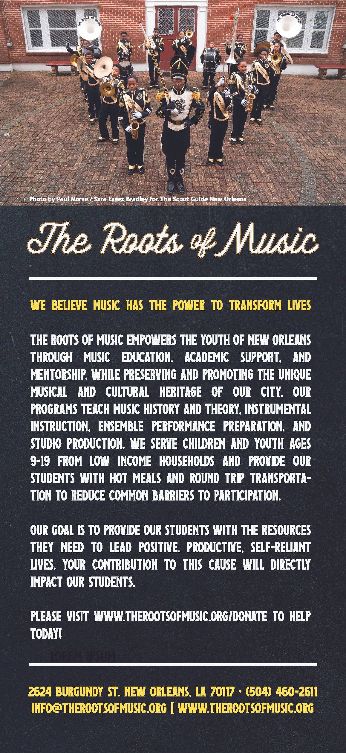 The Roots of Music tall flyer (front) to hand out at parades. The organization received donations and student applications after parades thanks in part to these flyers.