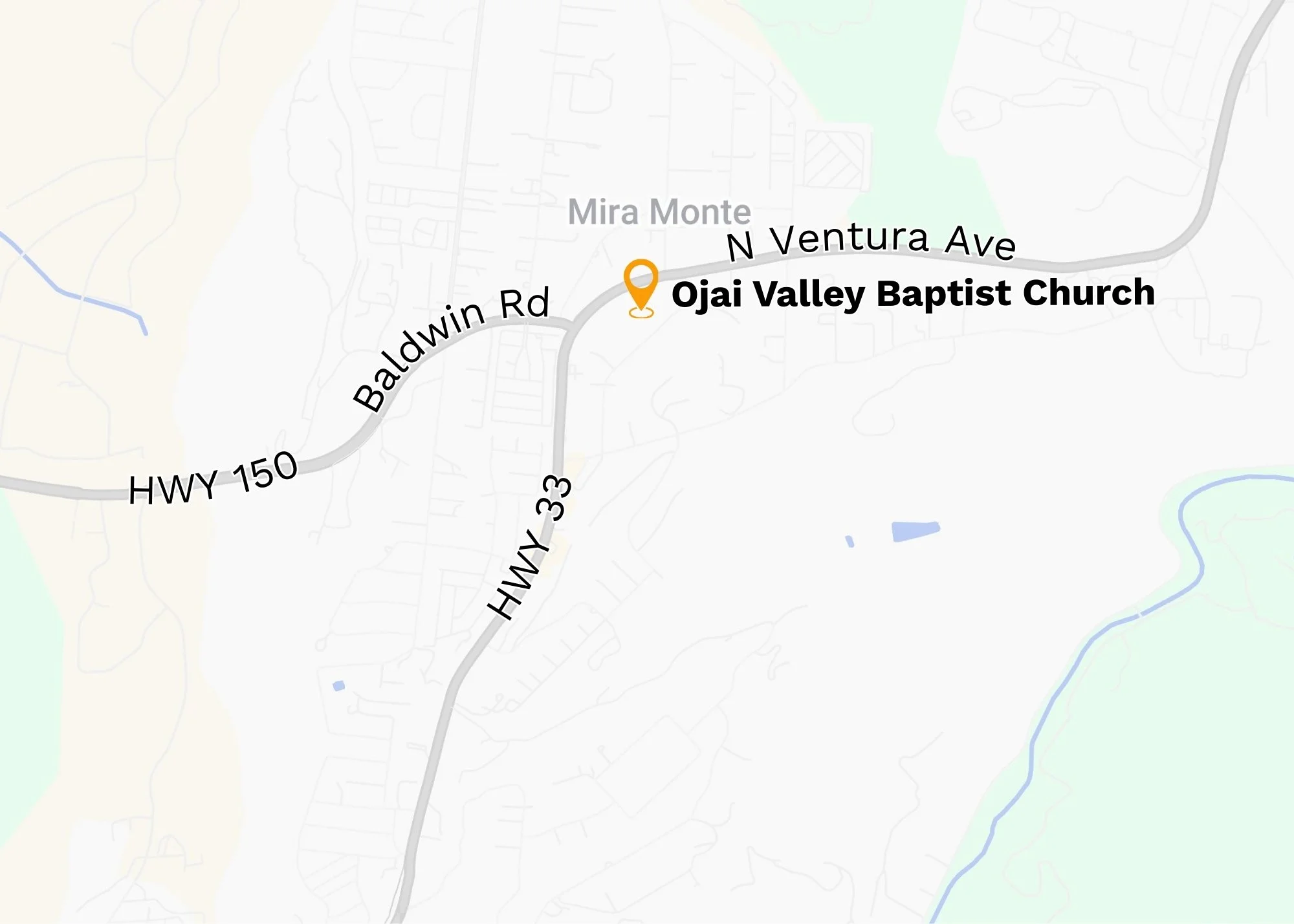 Map showing the location of Ojai Valley Baptist Church on North Ventura Avenue near Baldwin Road in Mira Monte, California. Nearby roads include Hwy 150 and Highway 33.