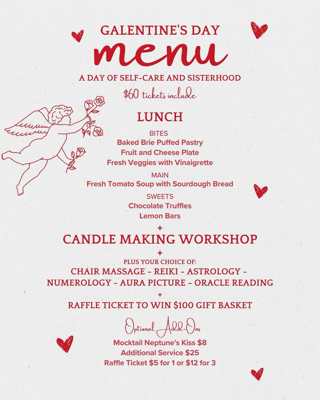 Menu for this Saturday! Only 3 spots left! Come have fun with us! (we will have gluten free substitutes if you need) Cut off date to sign up is this Friday 9 am 💕

#galentines #selfcare #sisterhood #letshavefun #enjoylife #friends #taketimeforyou #i