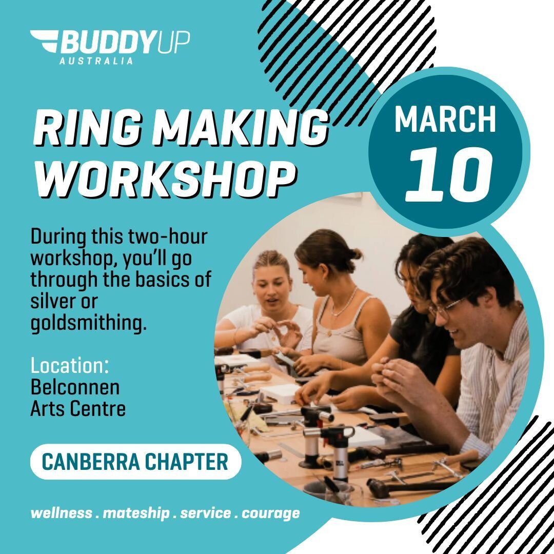 Attention Canberra Buddy Up Members: Join us at Blonde Design to design, make and walk away with two of your very own handmade sterling-silver or solid 9ct gold rings.

𝗛𝗼𝘀𝘁 𝗖𝗵𝗮𝗽𝘁𝗲𝗿: Canberra Chapter
𝗘𝘃𝗲𝗻𝘁 𝗟𝗲𝗮𝗱𝗲𝗿: Bree
𝗗𝗮𝘁𝗲: