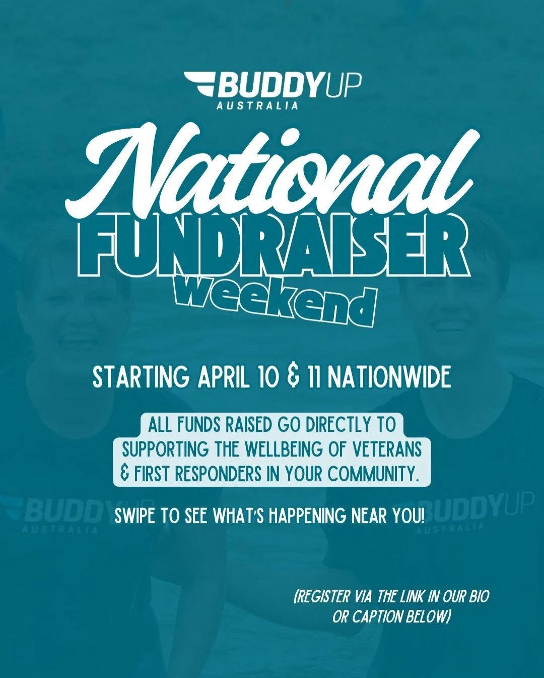 💙 National Fundraiser Weekend 💙

Mark your calendars for April 10 &amp; 11! 

Across the country, Buddy Up Australia Teams will be hosting local fundraising events to&hellip;
1. Bring the community together,
2. Raise awareness for BUA and,
3. Raise