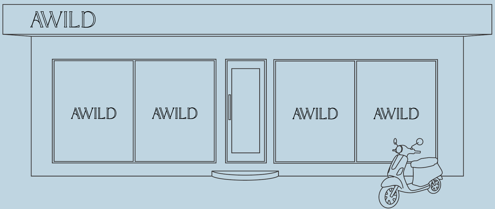 Line drawing of the Canggu Studio storefront with the word 'AWILD' on the sign, windows, a central door, and a scooter parked outside.