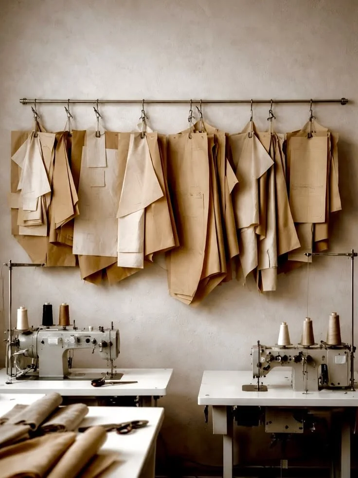 Rows of beige fabric patterns hanging on a rod in a garment sewing workshop with two sewing machines and spools of thread on tables.