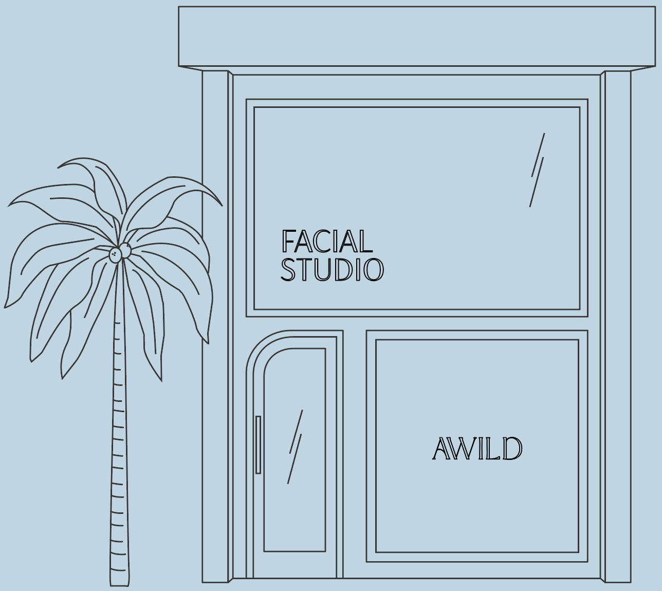 Line drawing of the exterior of the Uluwatu facial studio with a large window sign that reads 'FACIAL STUDIO' and a door with a window, next to a tall palm tree.