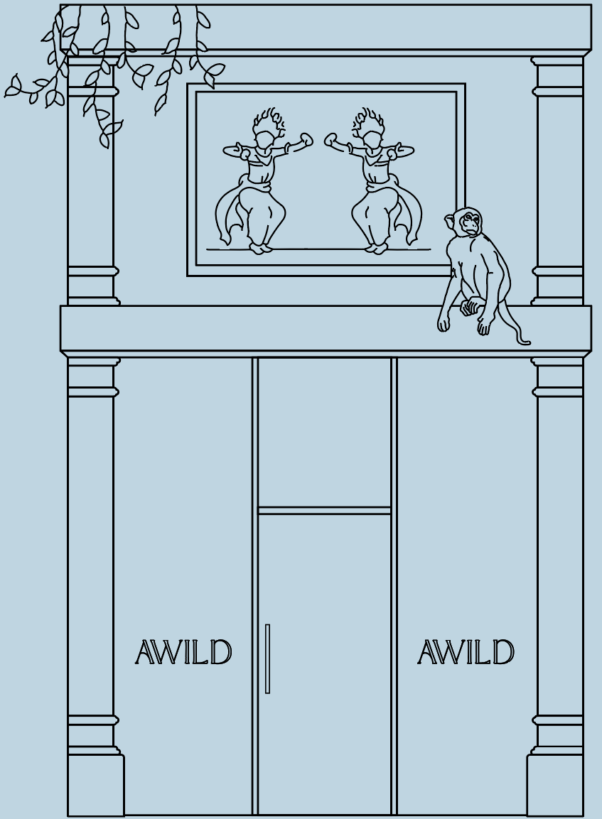 Line drawing of the exterior of the Ubud studio with window signs that read 'AWILD', and a traditional balinese mural above the shopfront with some hanging plants and a monkey perched on the store ledge.