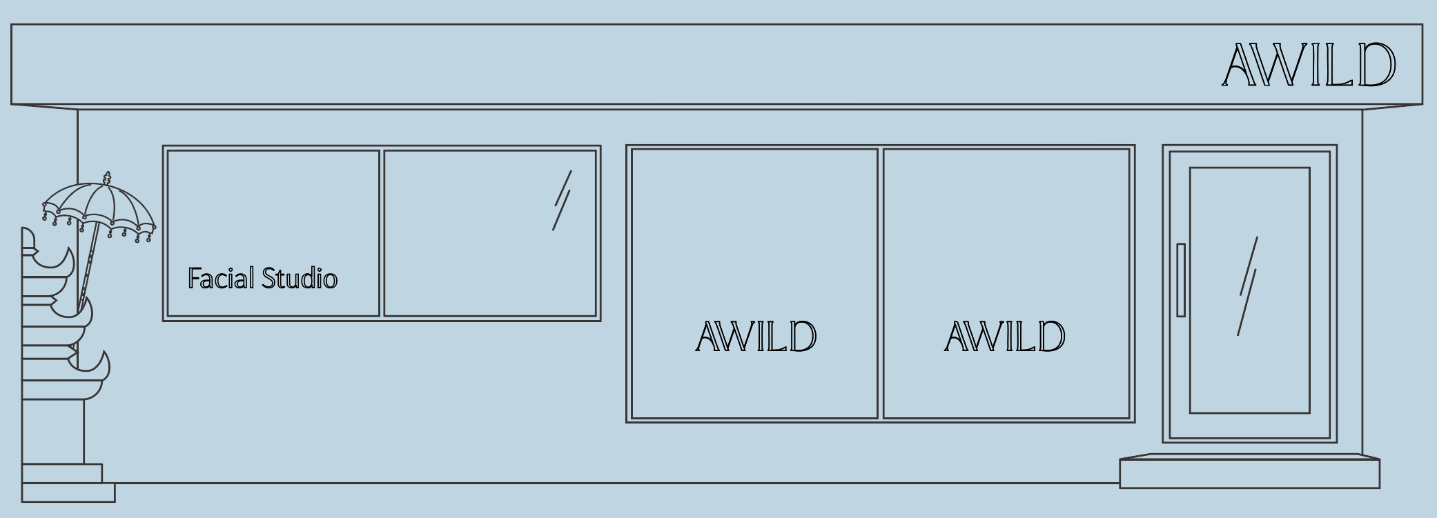Line drawing of the Canggu Facial Studio storefront with the word 'AWILD' on the sign, windows, a door, and a Balinese shrine out the front.
