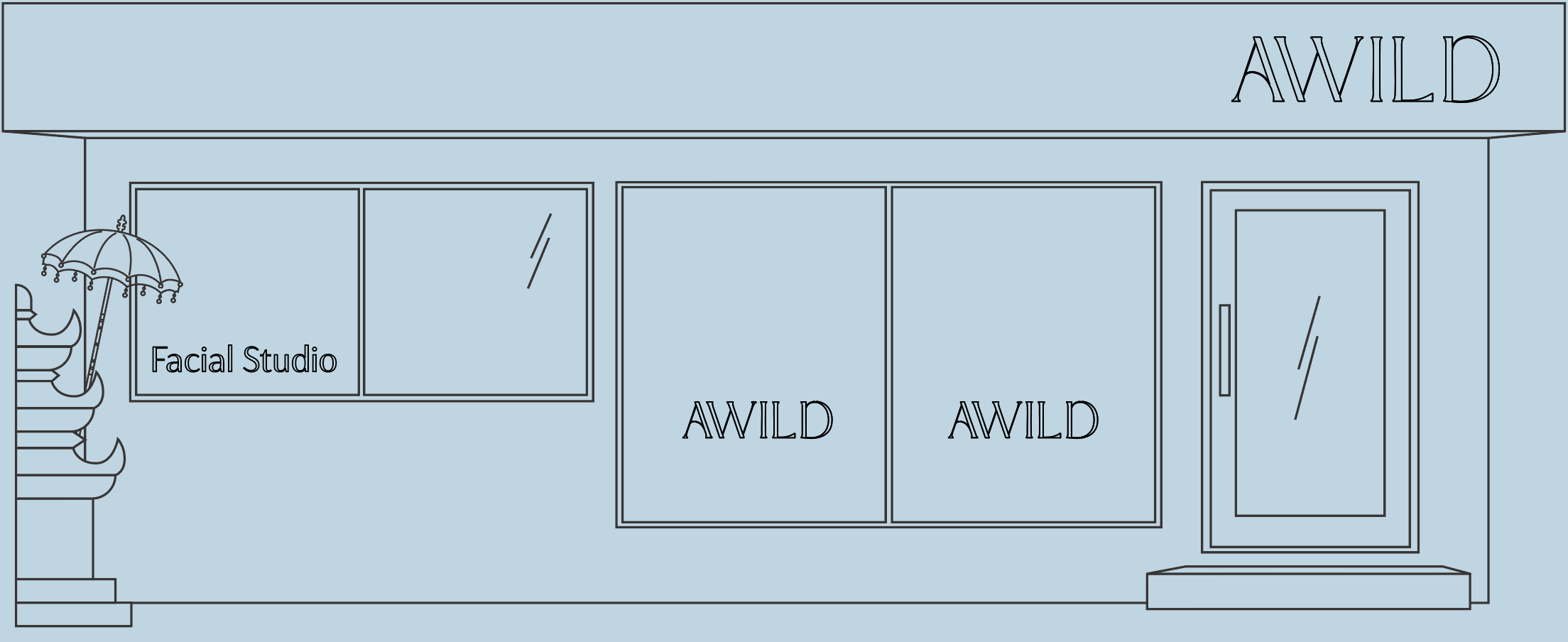 Outline of a storefront with the words 'AWILD' on top and windows labeled 'Facial Studio' and 'AWILD'.