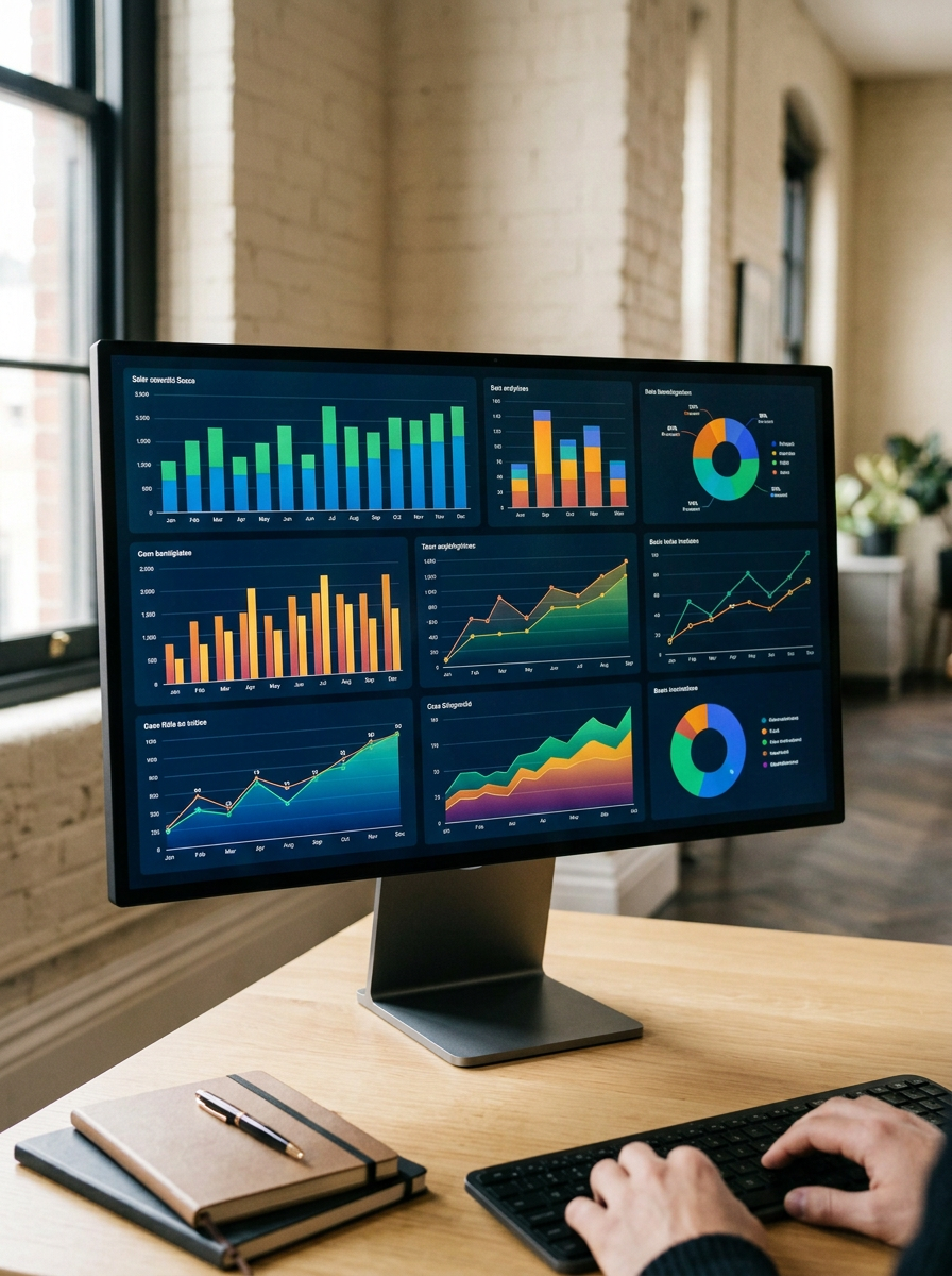 Computer monitor displaying various colorful investments performance graphs and charts, with a person's hand on a keyboard in a well-lit office setting.