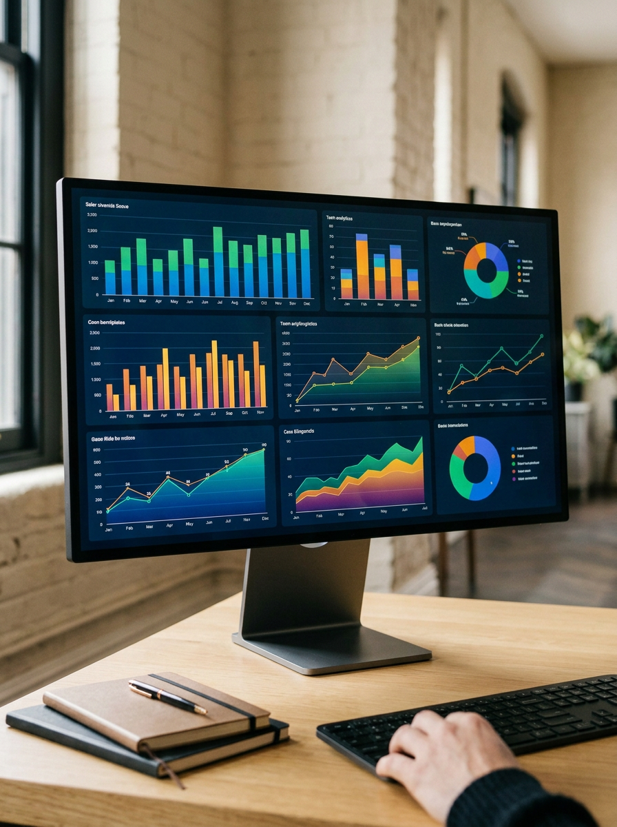 Computer monitor displaying various colorful investments performance graphs and charts, with a person's hand on a keyboard in a well-lit office setting.