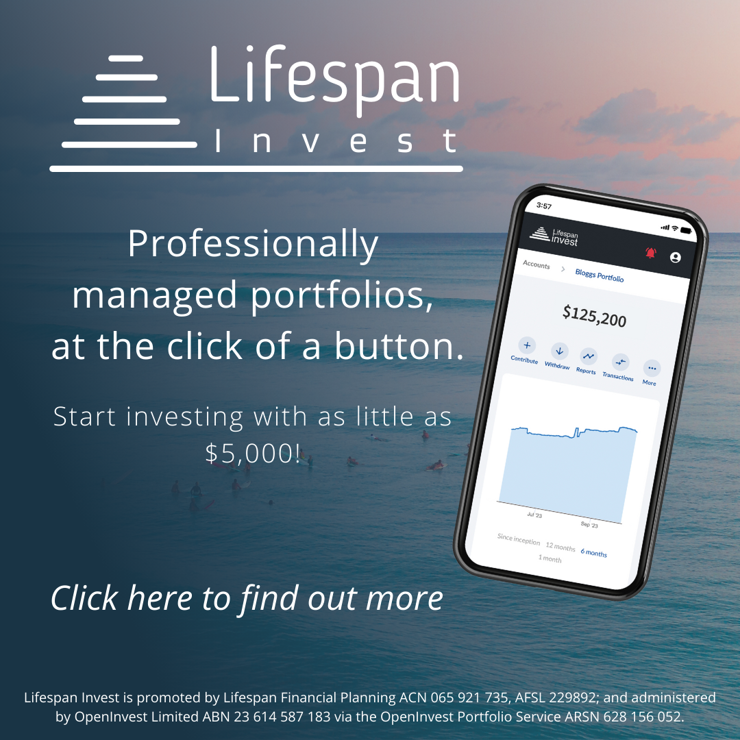 Advertisement for Lifespan Invest showing a smartphone with a financial portfolio app, against a background of a serene ocean scene at sunset. The ad highlights professionally managed portfolios and encourages starting to invest with as little as $5,000.