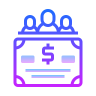 Icon of a purple speech bubble with a dollar note and people above it.