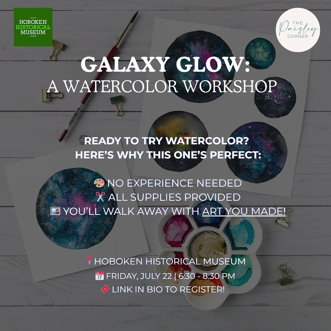 Hi friends! I&rsquo;m back at the @hobokenmuseum next month to teach a watercolor workshop! 🎨🎉

Embark on a celestial art journey in this hands-on workshop where you&rsquo;ll learn how to paint a dreamy watercolor galaxy! 🌌

What You&rsquo;ll Lear
