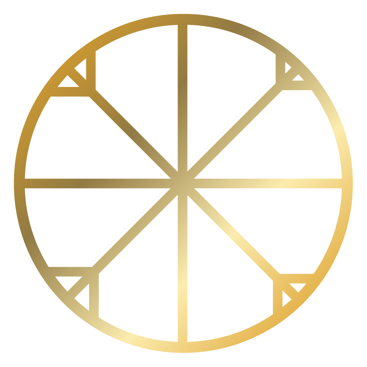 Purposeful growth icon: A stylised, gold-colored, evenly divided circular pie chart with eight segments, some of which are marked with triangular pointers.