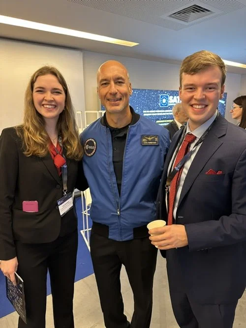 Ava Schwarz and Jackson Parrott with ESA astronaut Luca Parmitano at the 2025 European Space Conference.