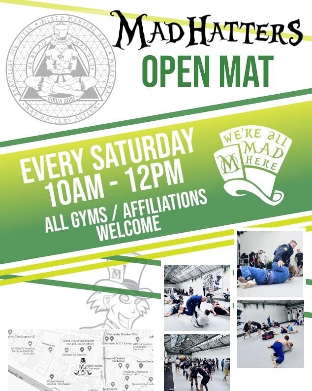 Open Mat every Saturday at 10am. 
Mad Hatters, Chichester, West Sussex.