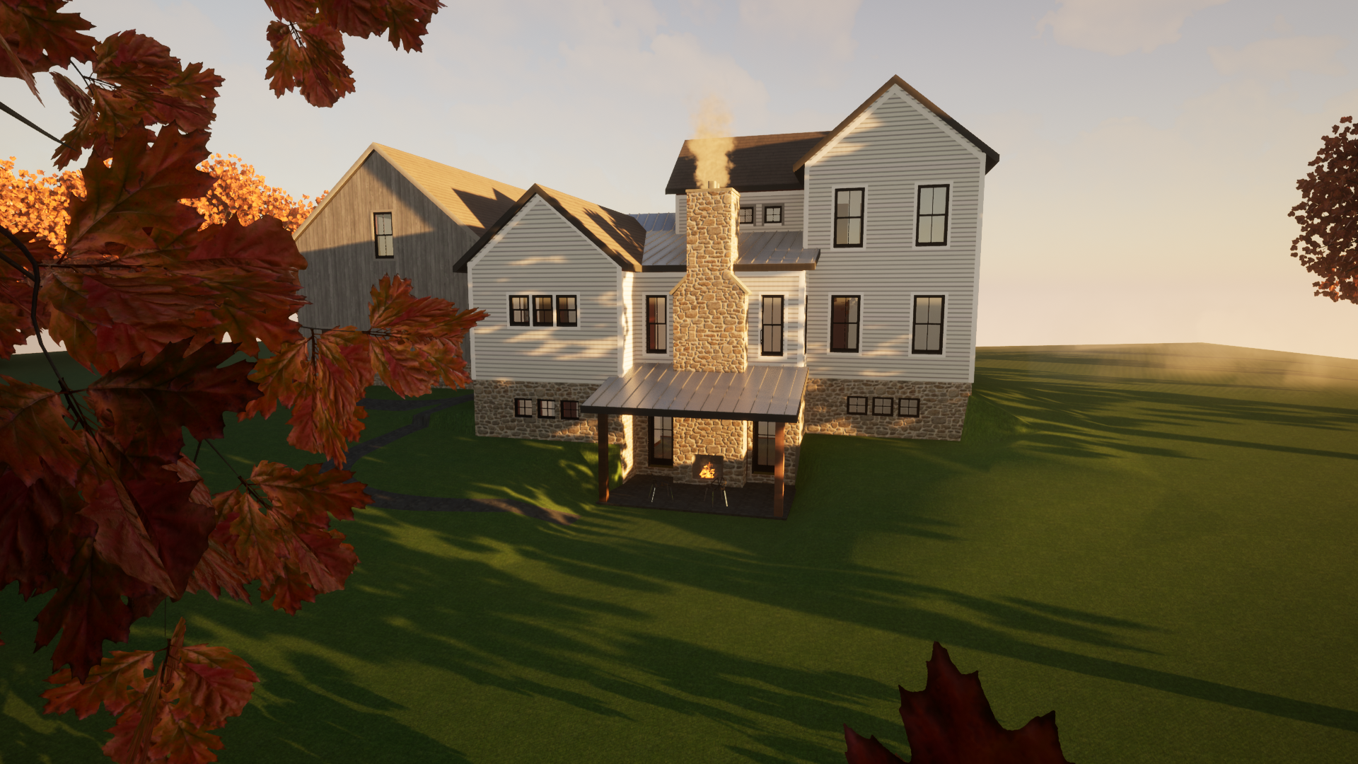 A large white house with a stone foundation, multiple stories, and a chimney with smoke coming out. The house is set on a grassy hill with trees that have autumn-colored leaves, and the sun is setting, casting long shadows.