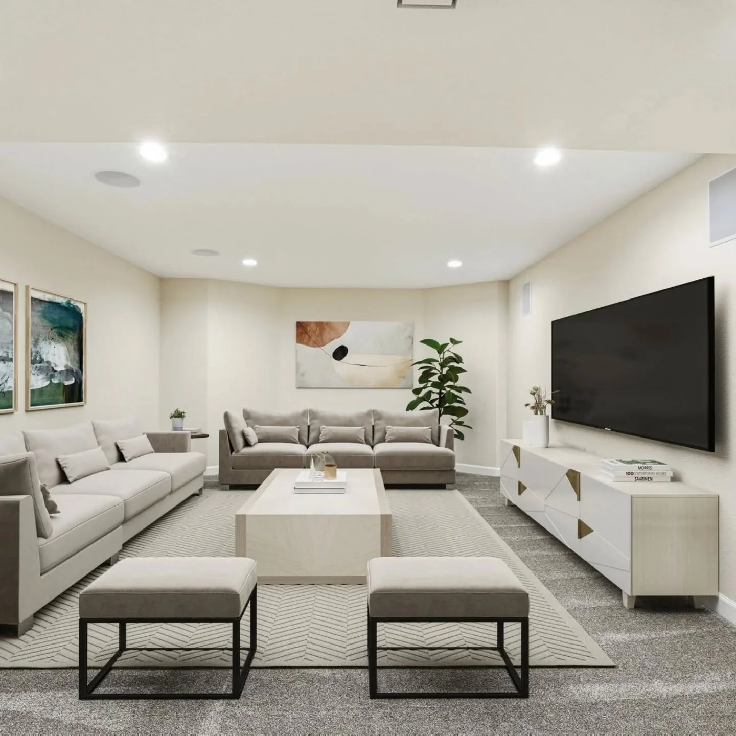 Finished photos of a finished lower level we recently designed. We redesigned their existing finished lower level adding a full bathroom, 2 bedrooms and an exercise room.