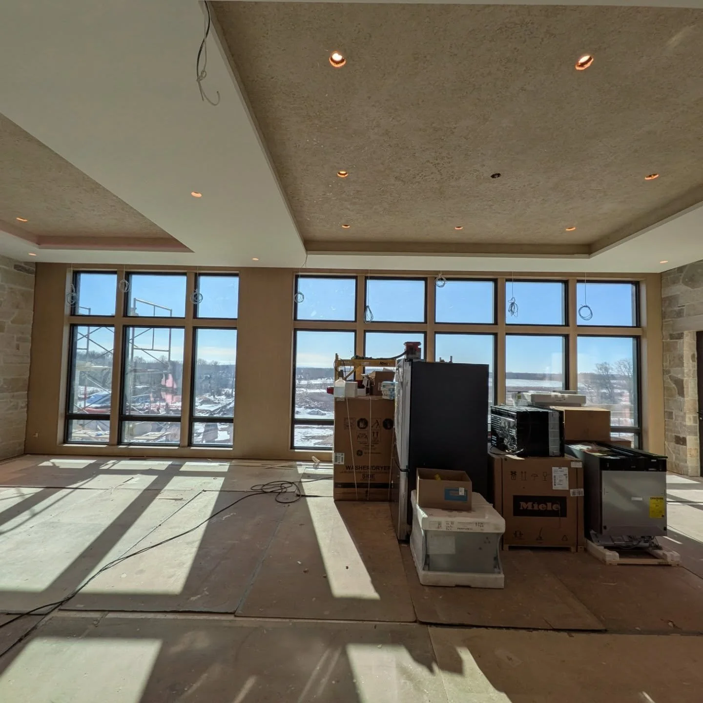 Project 149 updated!! Living Room, Dining Room &amp; Kitchen. Ketra lighting installed by Digitek Digital. The millwork is in around the Duxton windows with Litezones R-17 glass. Schuco door's.

@litezone.glass.inc 
@duxtonwindows 
@digitek_digital 
