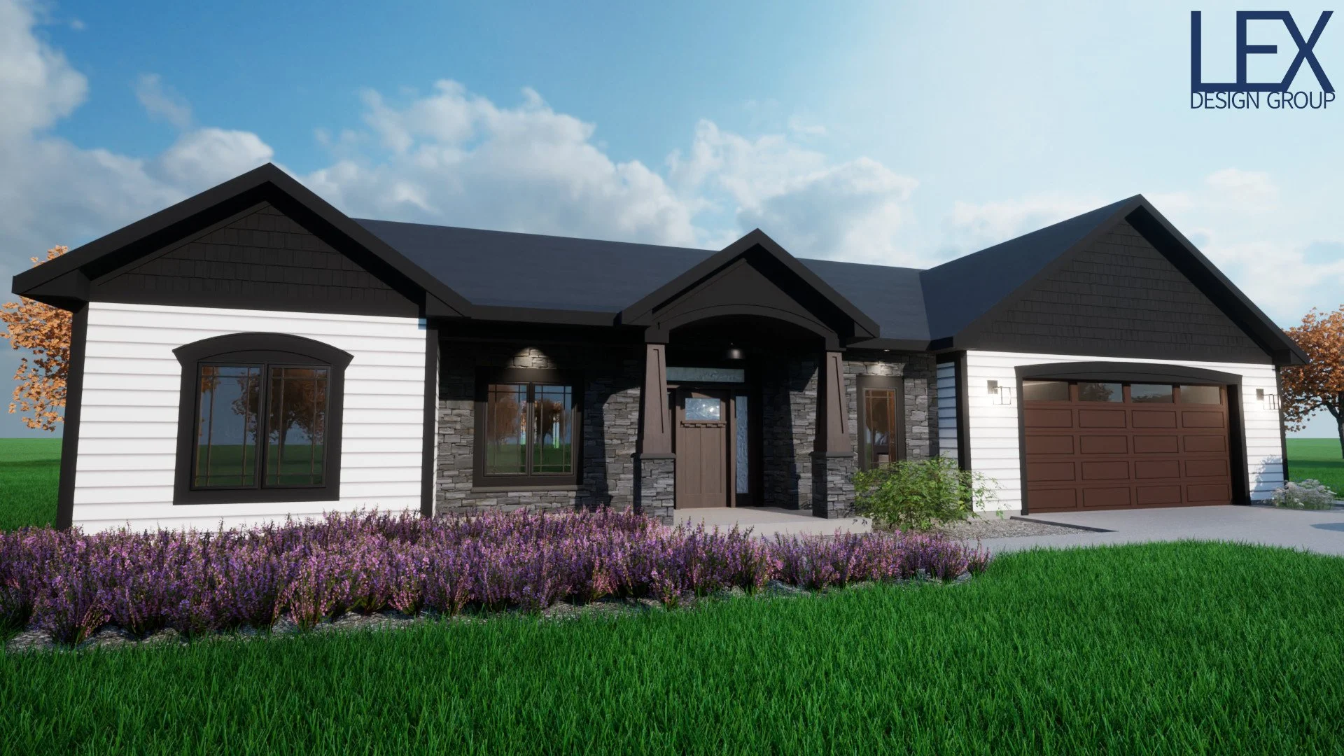 Front view of a modern house with white siding, black roof, stone accents, and a brown garage door. Landscaping includes purple flowers and green grass, with a cloudy blue sky in the background.