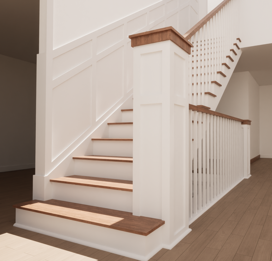 Interior view of a staircase with white walls, wooden steps, and a wooden handrail.