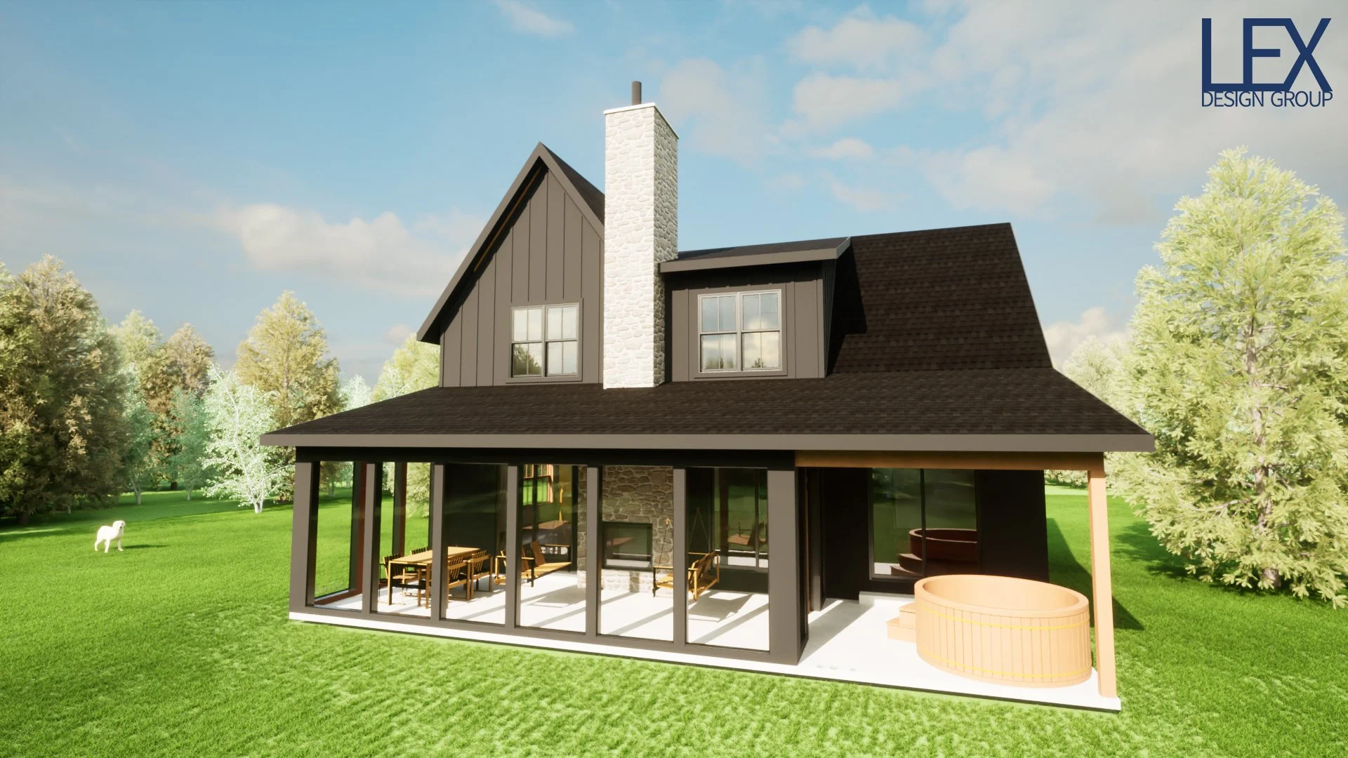 A modern two-story house with a dark roof and gray exterior, featuring a large screened porch with outdoor furniture and a hot tub outside. The house is surrounded by green grass, trees, and a blue sky with clouds.