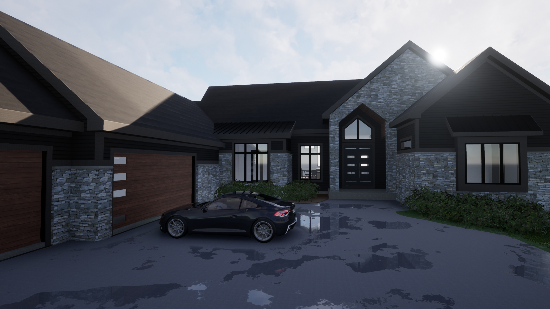 Modern house with black and gray stone exterior, black roof, large windows, and a black car parked in the driveway.