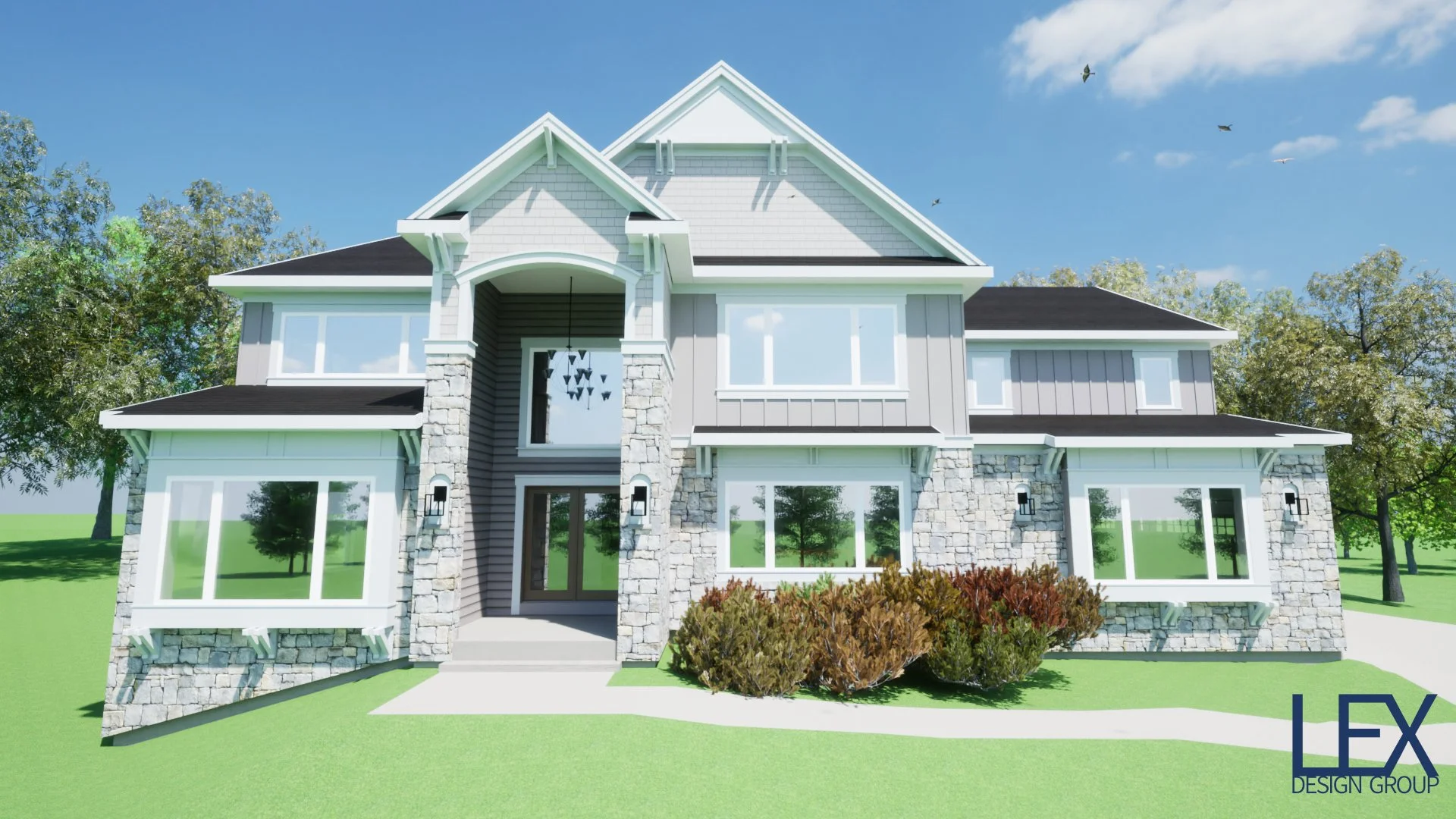 Modern two-story house with stone and siding exterior, large windows, and a landscaped front yard with bushes, under a blue sky with clouds and birds.