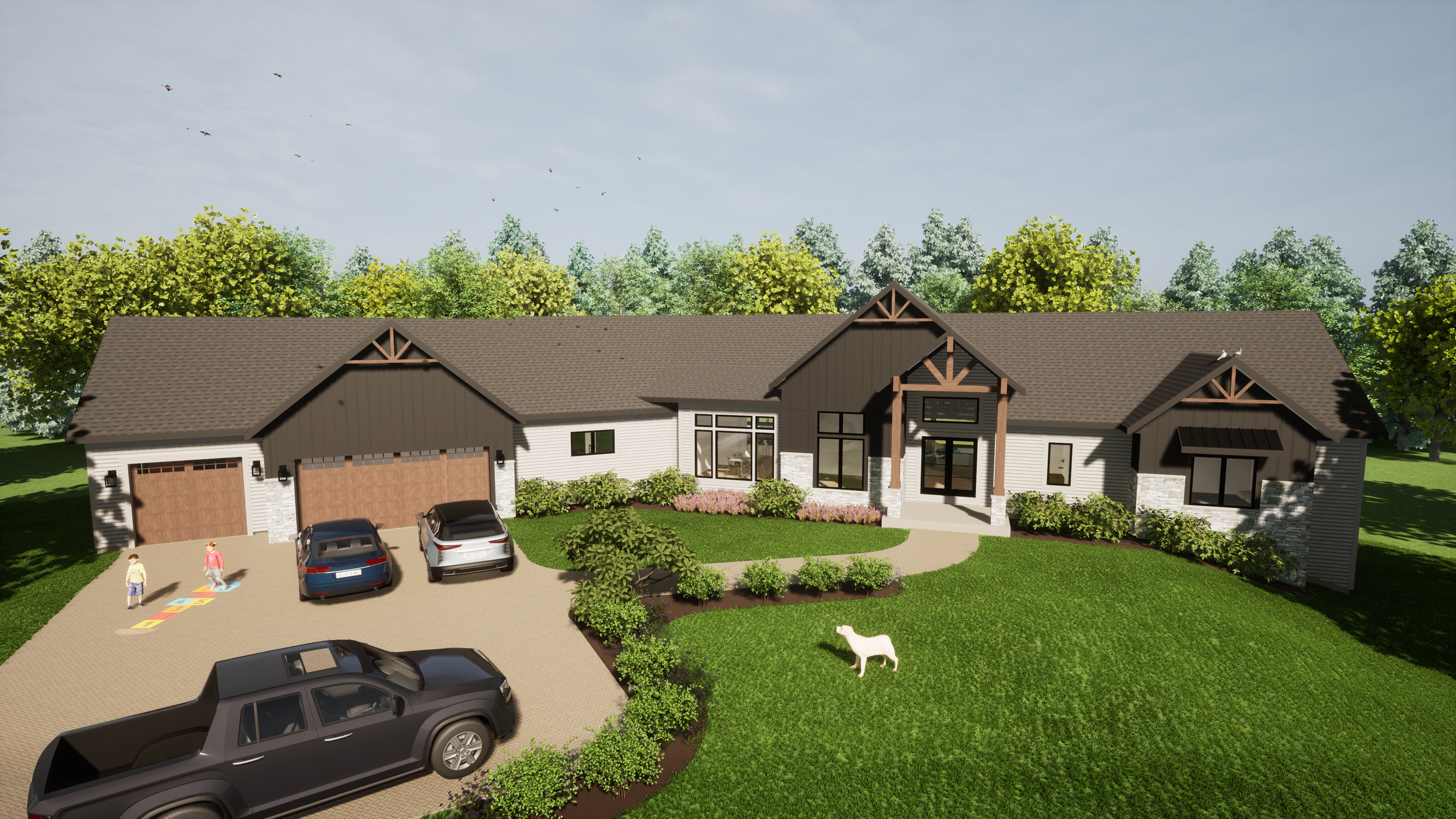 A large modern house with a brown roof, white walls, and dark accents. It has a spacious driveway with multiple cars parked and children playing on a hopscotch game. There's a grassy yard with a dog and trees in the background.